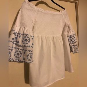 Anthropologie White and Blue Off-Shoulder Blouse